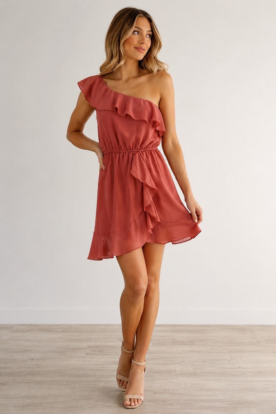 Peppermint Rose Pink One Shoulder Ruffle Mini Dress Size Large